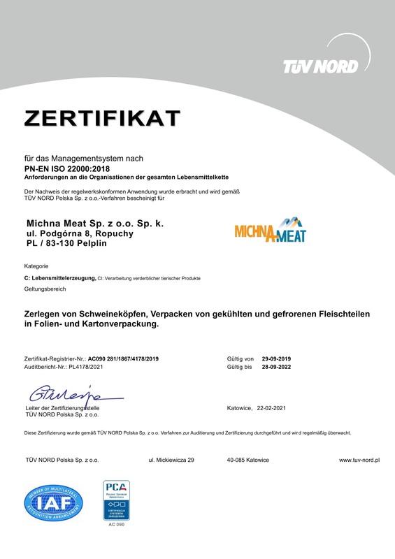 certyfikat ISO 22000:2006 DE