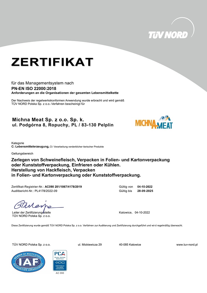 certyfikat ISO 22000:2006 DE